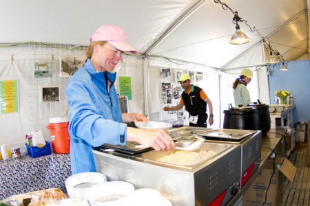 Runners grab some food from the race kitchen